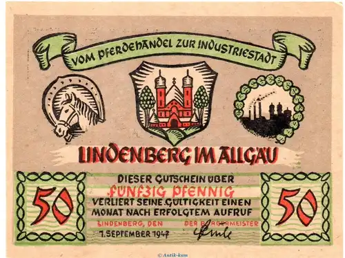 Notgeld Stadt Lindenberg , 50 Pfennig Schein in kfr. von 1947 , Bayern Notgeld 1945 bis 1948