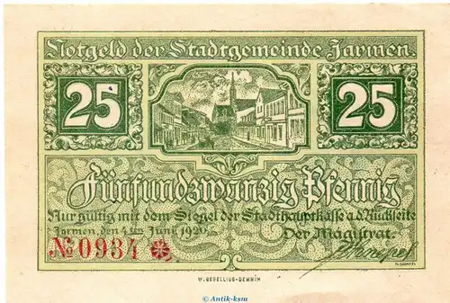 Notgeld Stadt Jarmen 3245.05.05 , 25 Pfennig Schein in kfr. von 1920 , Pommern Verkehrsausgabe