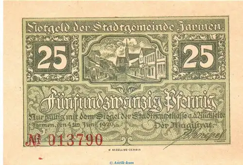 Notgeld Stadt Jarmen 3245.05.20 , 25 Pfennig Schein in kfr. von 1920 , Pommern Verkehrsausgabe