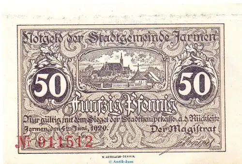 Notgeld Stadt Jarmen 3245.05.21 , 50 Pfennig Schein in kfr. von 1920 , Pommern Verkehrsausgabe