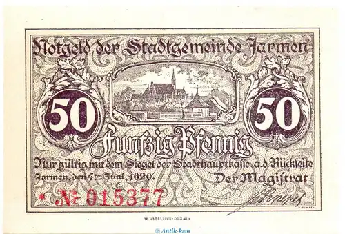 Notgeld Stadt Jarmen 3245.05.31 , 50 Pfennig Schein in kfr. von 1920 , Pommern Verkehrsausgabe