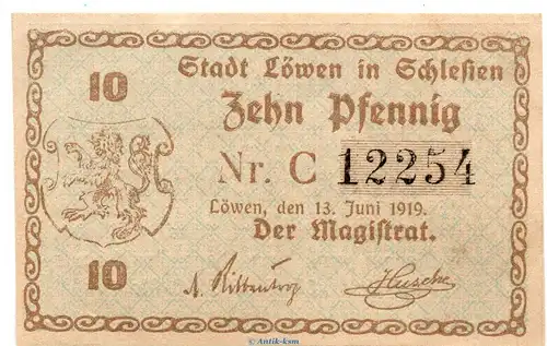 Notgeld Stadt Löwen 4200.05.10 , 10 Pfennig Schein in kfr. von 1919 , Schlesien Verkehrsausgabe