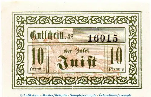 Notgeld Gemeinde Juist 3305.05.20 , 10 Pfennig Schein in kfr. von 1920 , Niedersachsen Verkehrsausgabe