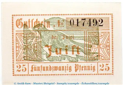 Notgeld Gemeinde Juist 3305.05.10 , 25 Pfennig Schein in kfr. von 1920 , Niedersachsen Verkehrsausgabe