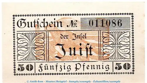 Notgeld Gemeinde Juist 3305.05.11 , 50 Pfennig Schein in kfr. von 1920 , Niedersachsen Verkehrsausgabe