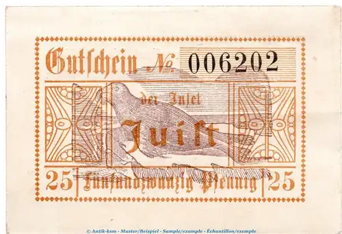 Notgeld Gemeinde Juist 3305.05.05 , 25 Pfennig Schein in kfr. von 1919 , Niedersachsen Verkehrsausgabe