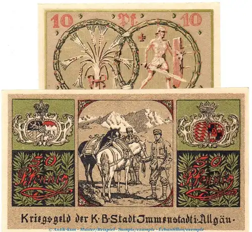 Notgeld Stadt Immenstadt 3200.10.10-11 , Set mit 2 Scheinen -büttenartig- in kfr. von 1918 , Bayern Verkehrsausgabe