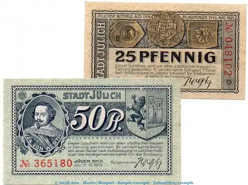 Notgeld Stadt Jülich 3295.05.20-26 , Set mit 2 Scheinen in kfr. von 1919 , Rheinland Verkehrsausgabe