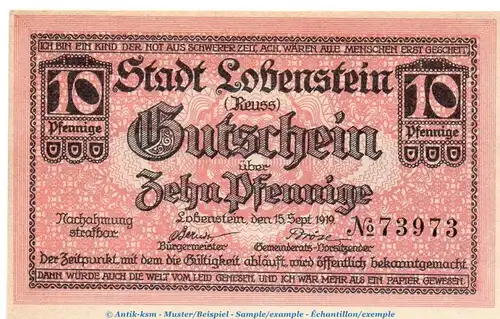 Notgeld Stadt Lobenstein 4160.05.05 , 10 Pfennig -Berndt- in kfr. von 1919 , Thüringen Verkehrsausgabe