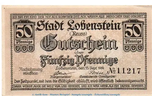 Notgeld Stadt Lobenstein 4160.05.07 , 50 Pfennig -Berndt- in kfr. von 1919 , Thüringen Verkehrsausgabe