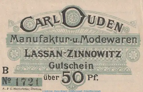 Notgeld Carl Duden Lassan , 50 Pfennig Schein in kfr. von 1919 , Pommern Verkehrsausgabe