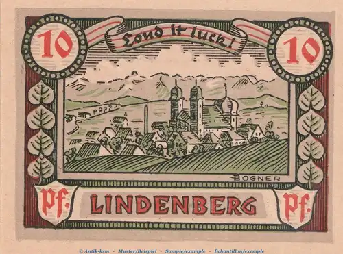 Notgeld Stadt Lindenberg , 10 Pfennig Schein in kfr. von 1947 , Bayern Notgeld 1945 bis 1948