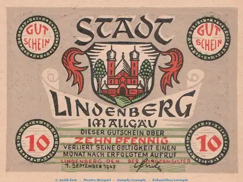 Notgeld Stadt Lindenberg , 10 Pfennig Schein in kfr. von 1947 , Bayern Notgeld 1945 bis 1948
