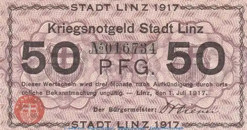 Notgeld Stadt Linz , 50 Pfennig Schein in kfr. Tieste 4140.10.50 von 1917 , Rheinland Verkehrsausgabe