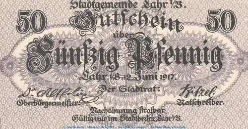 Notgeld Stadt Lahr , 50 Pfennig Schein in kfr. Tieste 3810.05.25 von 1917 , Baden Verkehrsausgabe