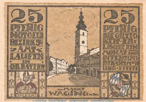 Notgeld Bezirksamt Laufen , 25 Pfennig --o. Drfa.-- in kfr. Tieste 3925.05.01 von 1920 , Bayern Verkehrsausgabe