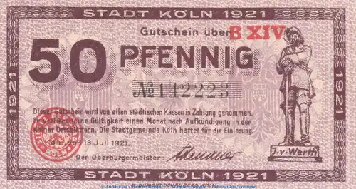 Notgeld Stadt Köln , 50 Pfennig Schein in kfr. Tieste 3565.105.67 von 1921 , Rheinland Verkehrsausgabe