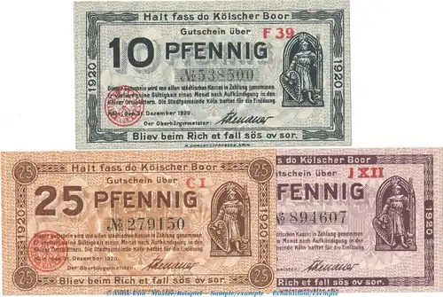 Notgeld Stadt Köln , Set mit 3 Scheinen in kfr. Tieste 3565.105.55-62 von 1920 , Rheinland Verkehrsausgabe