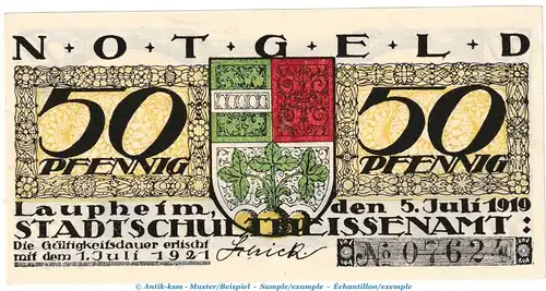 Notgeld Stadt Laupheim , 50 Pfennig Schein in kfr. Tieste 3930.05.05 von 1919 , Württemberg Verkehrsausgabe
