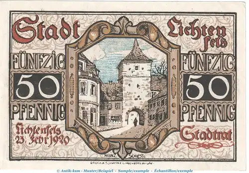 Notgeld Stadt Lichtenfels , 50 Pfennig Schein in kfr. Tieste 4040.15.30 von 1920 , Bayern Verkehrsausgabe