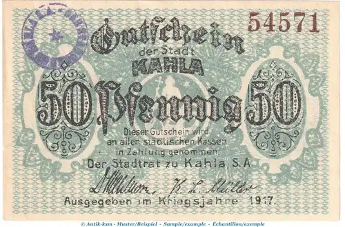 Notgeld Stadt Kahla , 50 Pfennig Schein in kfr. Tieste 3325.05.15 von 1917 , Thüringen Verkehrsausgabe