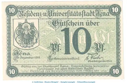 Notgeld Stadt Jena , 10 Pfennig Schein in kfr. Tieste 3270.35.15 von 1919 , Thüringen Verkehrsausgabe