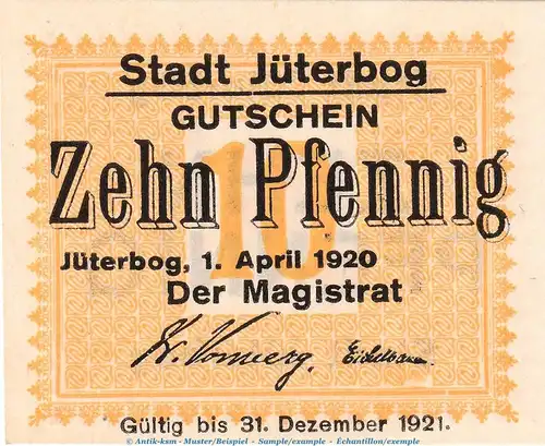 Notgeld Stadt Jüterbog , 10 Pfennig Schein in kfr. Tieste 3300.05.15 von 1920 , Brandenburg Verkehrsausgabe