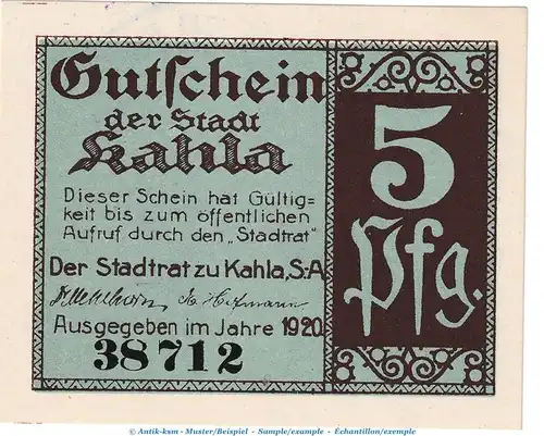 Notgeld Stadt Kahla , 5 Pfennig Schein in kfr. Tieste 3325.05.30 von 1920 , Thüringen Verkehrsausgabe