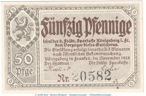 Notgeld Stadt Königsberg , 50 Pfennig Schein in kfr. Tieste 3585.05.10 von 1918 , Sachsen Verkehrsausgabe
