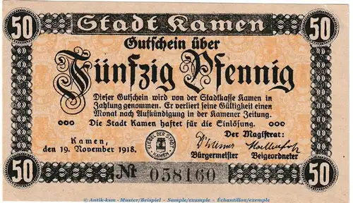 Notgeld Stadt Kamen , 50 Pfennig Schein in kfr. Tieste 3350.05.05 von 1918 , Westfalen Verkehrsausgabe