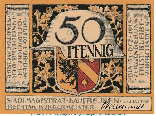 Notgeld Stadt Kaufbeuren , 50 Pfennig Schein in kfr. Tieste 3415.05.10 von 1918 , Bayern Verkehrsausgabe