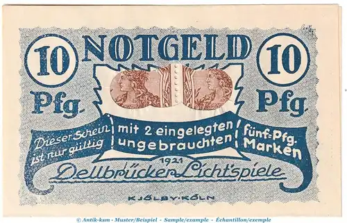 Briefmarken-Notgeld Köln Dellbrück , 10 Pfennig Schein in kfr. Tieste 3570.05.01 von 1921 , Rheinland Verkehrsausgabe