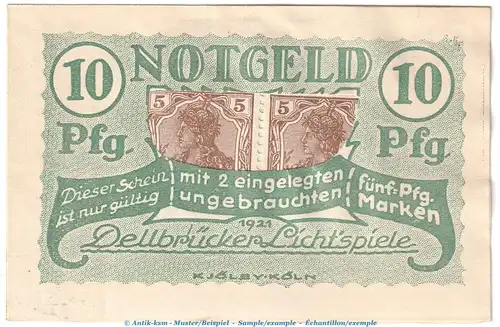 Briefmarken-Notgeld Köln Dellbrück , 10 Pfennig Schein in kfr. Tieste 3570.05.02 von 1921 , Rheinland Verkehrsausgabe