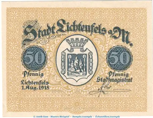 Notgeld Stadt Lichtenfels a.M. 50 Pfennig Schein in kfr. Tieste 4040.15.10 von 1918 , Bayern Verkehrsausgabe