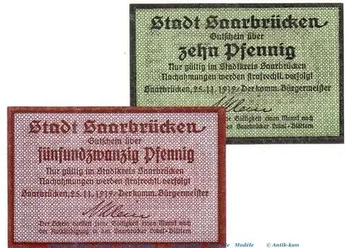 Notgeld Stadt Saarbrücken 6335.10.10-11 , Set mit 2 Scheinen in kfr. von 1919 , Rheinland Verkehrsausgabe