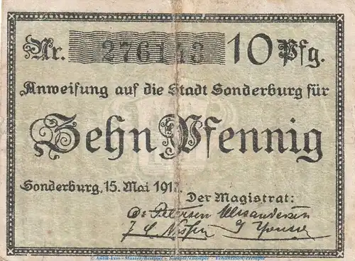 Notgeld Stadt Sonderburg , 10 Pfennig Schein in gbr. Tieste 6975.10.10 von 1917 , Schleswig Holstein Verkehrsausgabe