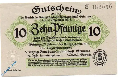 Notgeld Grimma , 10 Pfennig Schein , Tieste 2465.05.01 , von 1917 , Sachsen Verkehrsausgabe
