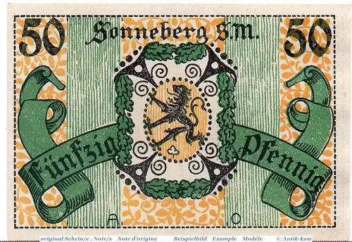 Notgeld Stadt Sonneberg , 6985.10.10 , 50 Pfennig Schein in kfr. von 1918 , Sachsen Meiningen Verkehrsausgabe