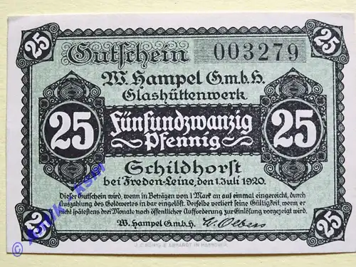 Notgeld Schildhorst , Glashüttenwerk Niedersachsen , Einzelschein über 25 Pfennig , Tieste 6505.01 , von 1920 , Verkehrsausgabe