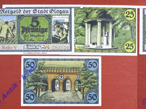 Notgeld Glogau , vollständiger Satz mit 3 Scheinen , Tieste 2280.40 - 42 , von 1919 , Schlesien Verkehrsausgabe