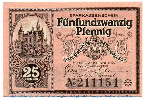 Notgeld Sparkasse Striegau 7205.15.20 , 25 Pfennig mattrosa in kfr. von 1920 , Schlesien Verkehrsausgabe