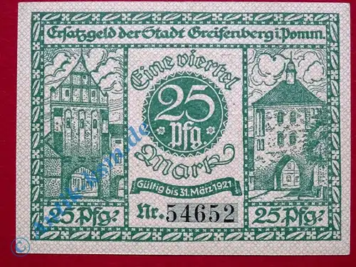 Notgeld Greifenberg , Einzelschein über 25 Pfennig , Tieste 2435.05 , von 1919 , Pommern Verkehrsausgabe
