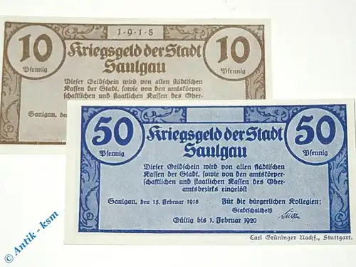 Notgeld Saulgau , Set mit 2 Scheinen , Tieste 6435.05.05 und 06 , von 1918 , Württemberg Verkehrsausgabe
