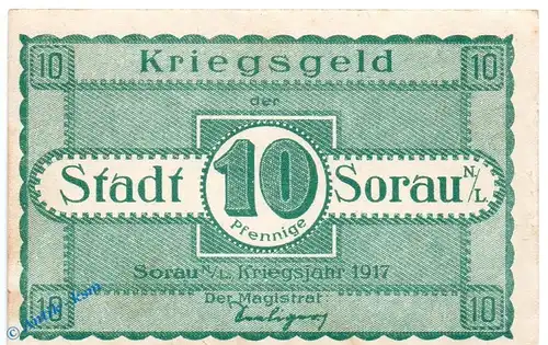 Notgeld Sorau , 10 Pfennig Schein in kfr. Tieste 6995.05.02 , von 1917 , Brandenburg Verkehrsausgabe