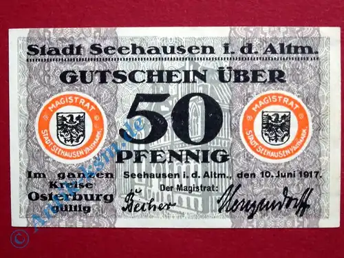 Notgeld Seehausen , Einzelschein über 50 Pfennig , Tieste 6820.07.2 , von 1917 , Sachsen Verkehrsausgabe