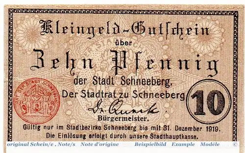Notgeld der Stadt Schneeberg 6600.05.06 , 10 Pfennig Schein in kfr. o.D. Sachsen Verkehrsausgabe