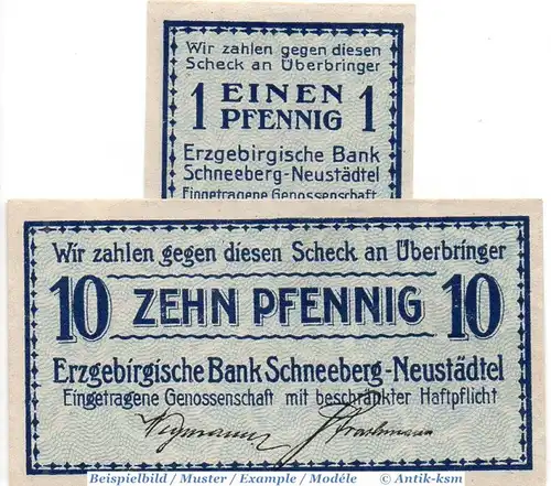 Notgeld Schneeberg Neustädtel , Set mit 2 Scheinen in kfr. Tieste 6605.05.01-02 , von 1918 , Sachsen Verkehrsausgabe