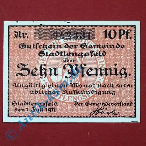 Notgeld Stadtlengsfeld , Schein über 10 Pfennig , Hörle , Tieste 7055.40 , von 1917 , Sachsen Verkehrsausgabe