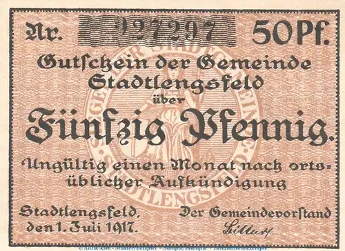 Notgeld Gemeinde Stadtlengsfeld , 50 Pfennig Schein in kfr. Tieste 7055.05.32 von 1917 , Sachsen Verkehrsausgabe