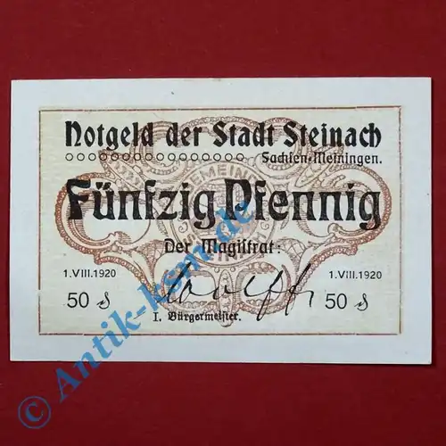 Steinach , Notgeld 50 Pfennig Schein in kfr. Tieste 7110.05.10 , Thüringen 1920 Verkehrsausgabe
